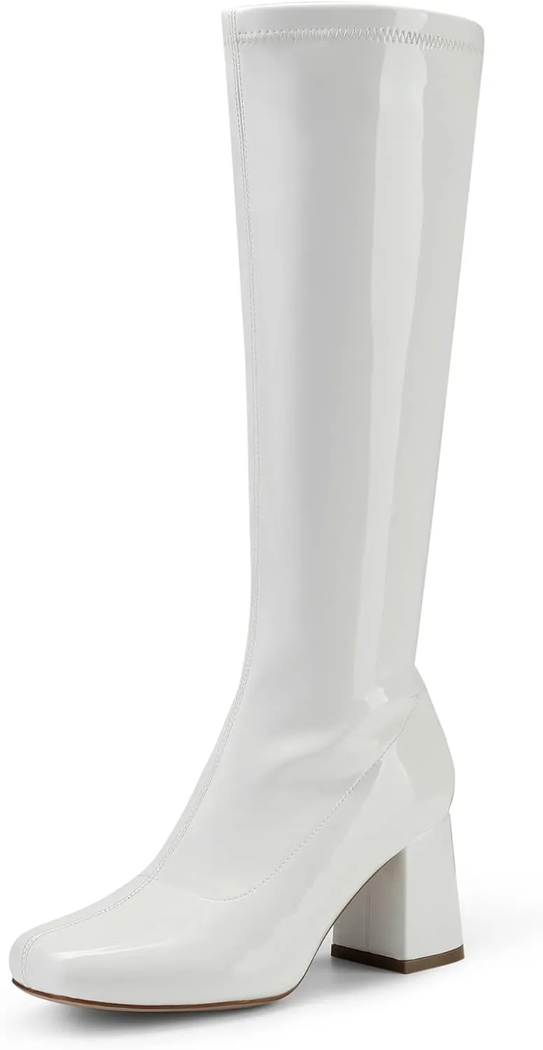 DREAM PAIRS Women's Gogo Boots, Square Toe Chunky Knee High Boots For Women