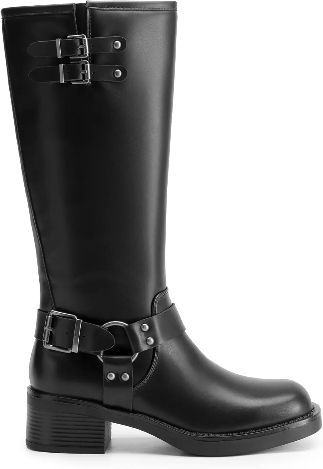 DREAM PAIRS Women's Knee High Boots Side Zipper Motorcycle Boots Square Toe Chunky Low Heel Fashion Buckles Biker Riding Boots