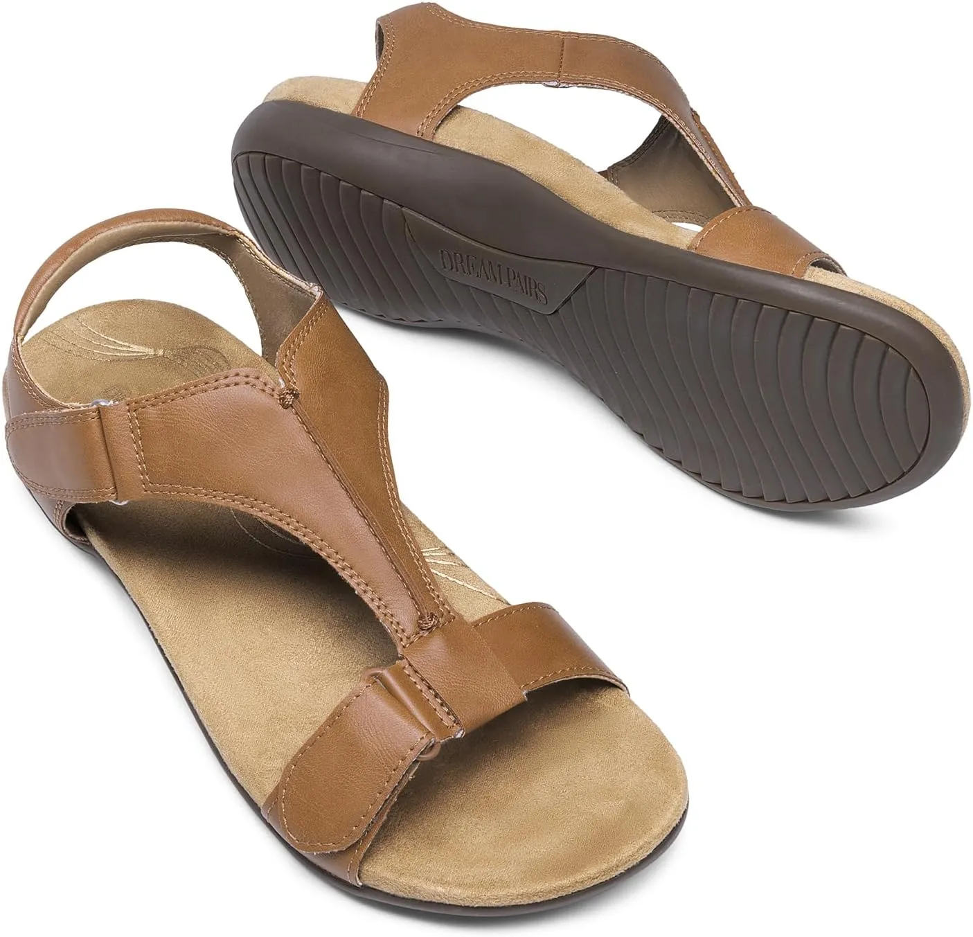 DREAM PAIRS Womens Sandals Arch Support T-Strap Orthopedic Flat Sandals Comfortable Summer Shoes