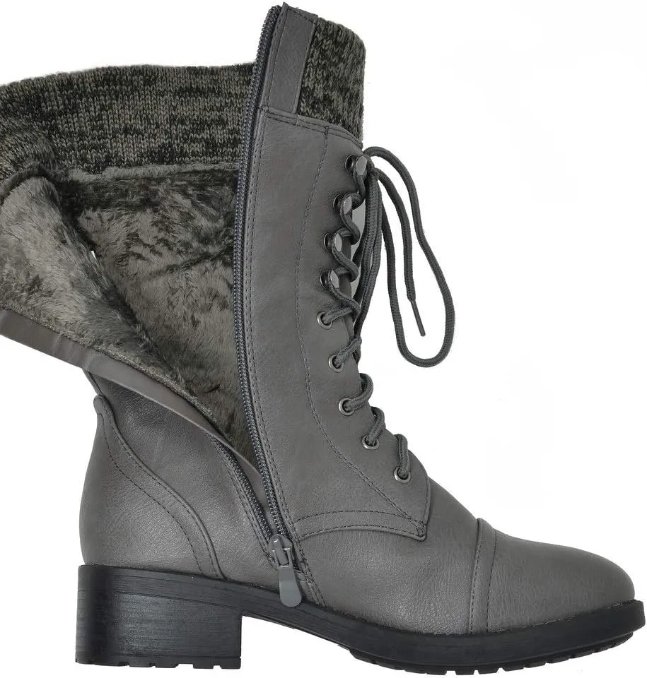 DREAM PAIRS Women's Winter Lace up Mid Calf Combat Riding Military Boots