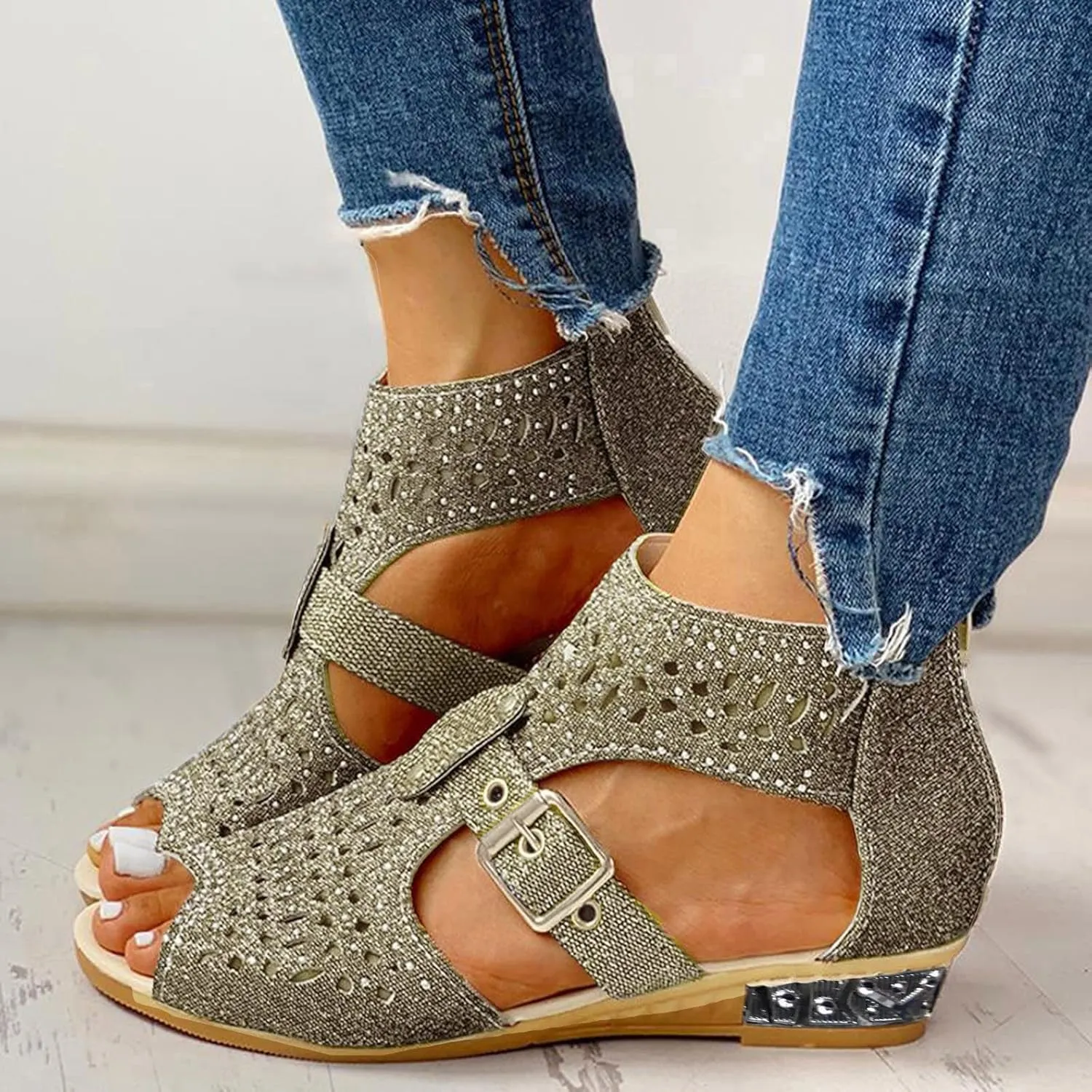 Eduavar Sandals for Women Dressy,Boho Sandals Womens Sandals Low Wedges Peep Toe Wrapped Sexy Cute Diamond Dressy Sandals