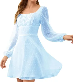 Elegant Party Night Dresses for Women 2024 Sexy Sheer Sleeve Square Neck Mini Dresses Slim Empire Waist Ruffle Dress