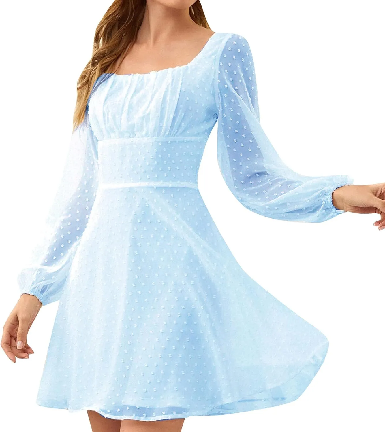 Elegant Party Night Dresses for Women 2024 Sexy Sheer Sleeve Square Neck Mini Dresses Slim Empire Waist Ruffle Dress