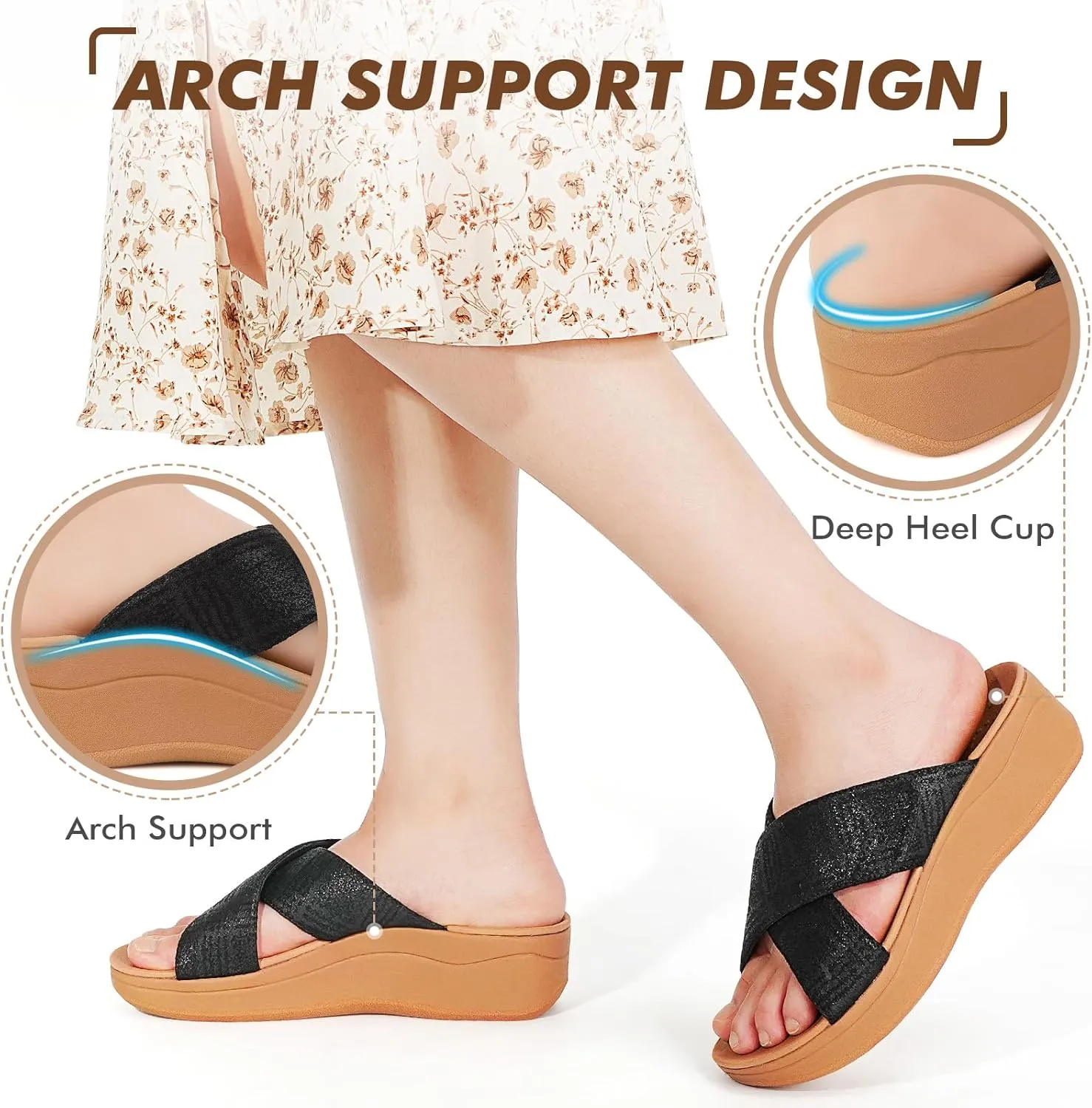ERGOfoot Orthopedic Sandals for Women, Comfortable Womens Wedge Sandals with Arch Support, Fashion Dressy Summer platform slide sandals with Non Slip Rubber Sole