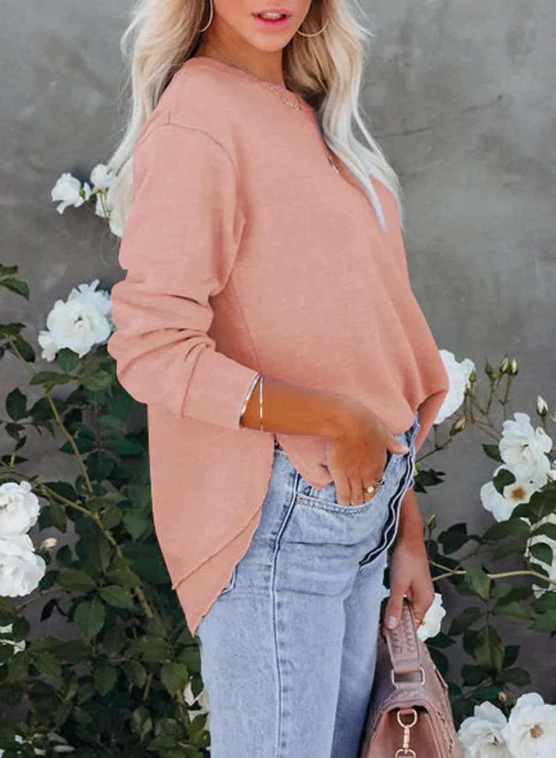 EVALESS Sweatshirt for Women Casual Solid Color Crewneck Long Sleeve Side Split Tops Loose Fit Pullover Shirts
