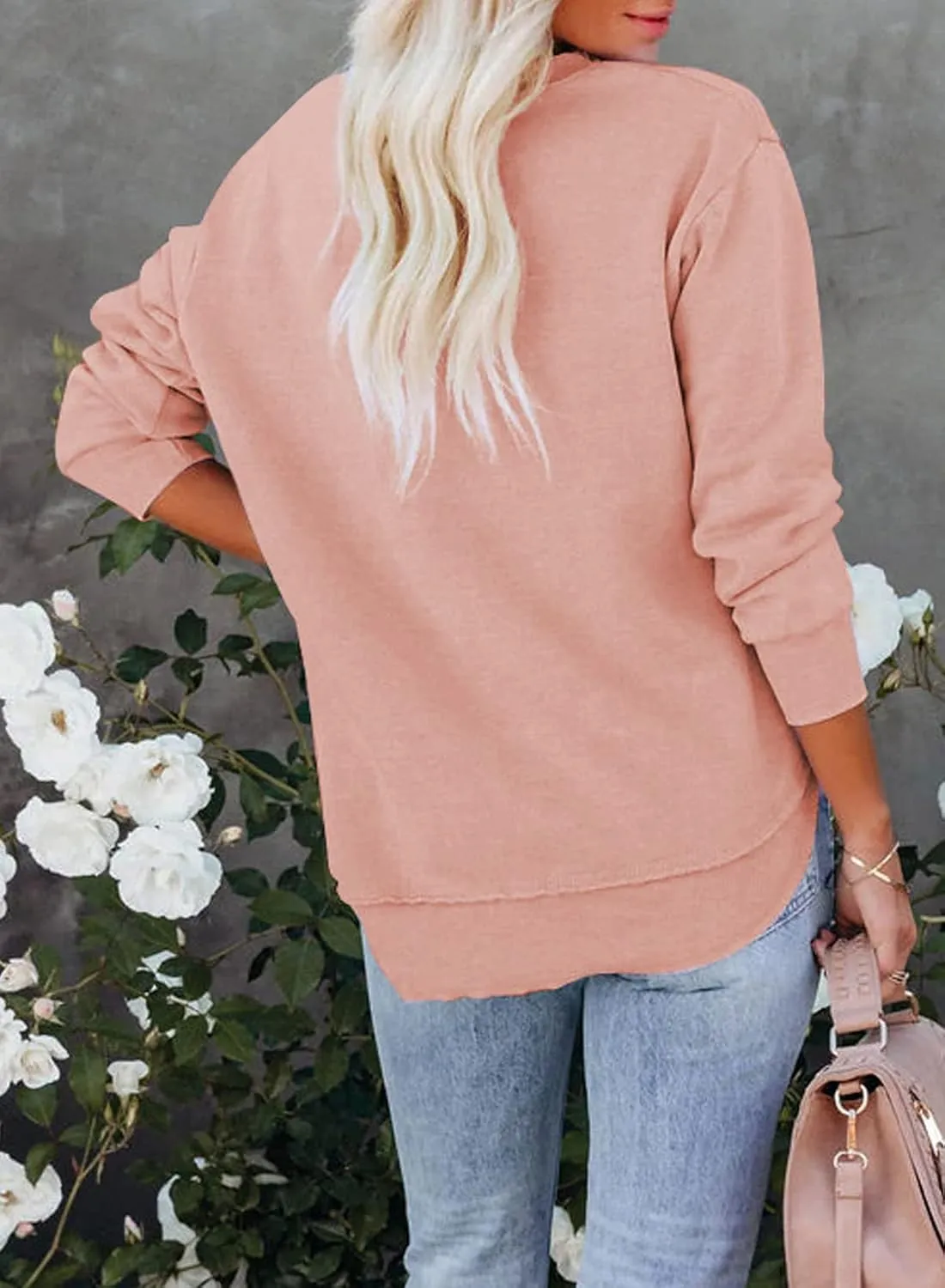 EVALESS Sweatshirt for Women Casual Solid Color Crewneck Long Sleeve Side Split Tops Loose Fit Pullover Shirts