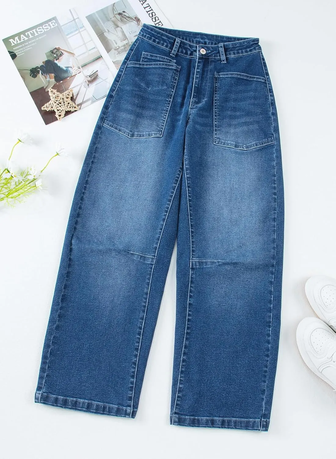 EVALESS Womens Baggy Barrel Jeans High Waisted Wide Leg Boyfriend Denim Ankle Pants