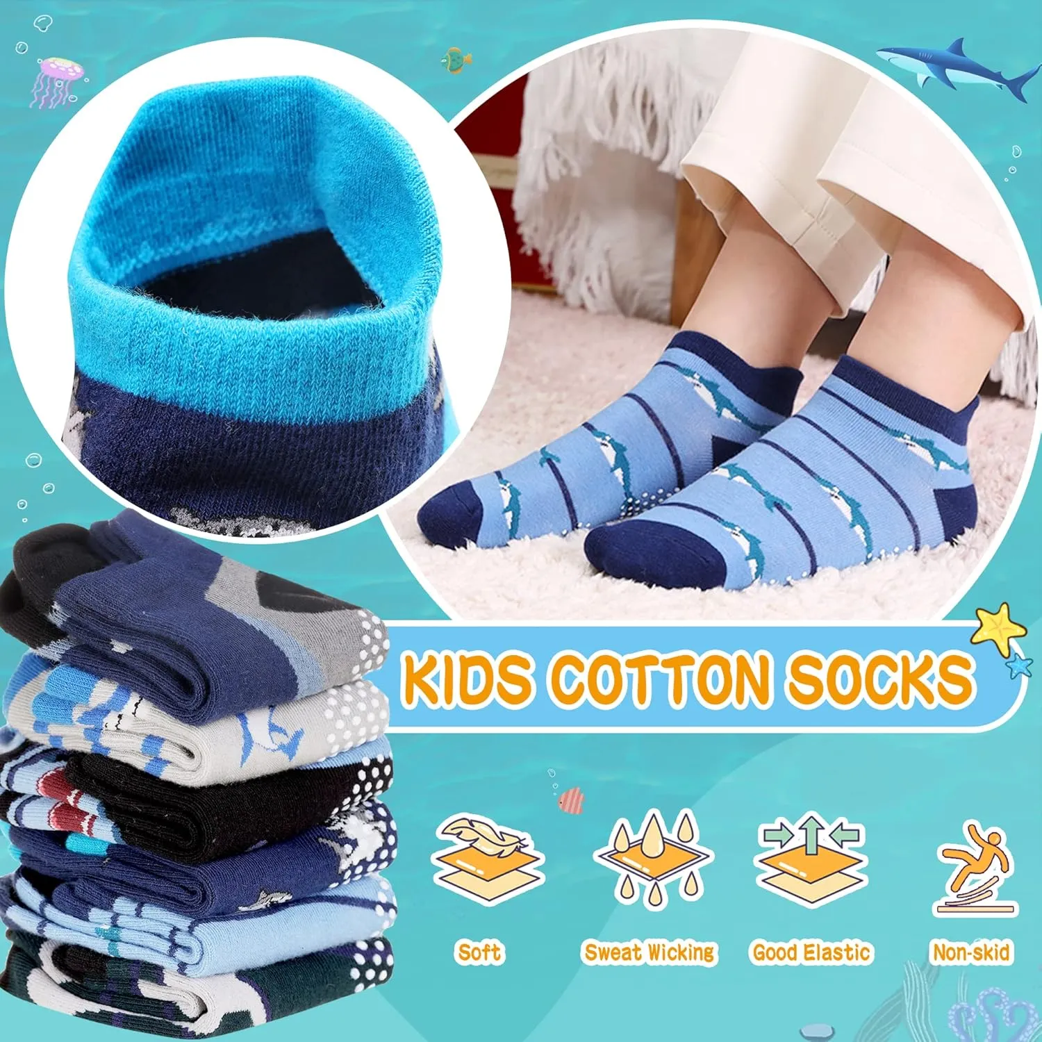 Eyean Kids Ankle Cotton Socks Cute Animal Pattern Soft Non Slip Boys Girls No Show Socks 6 Pairs