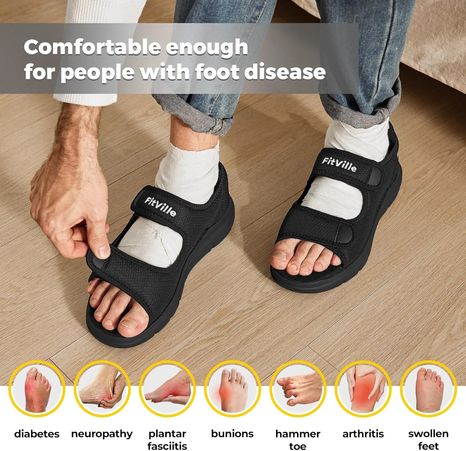 FitVille Diabetic Sandals for Men Wide Width with Arch Support, Men Diabetic Sandals Adjustable