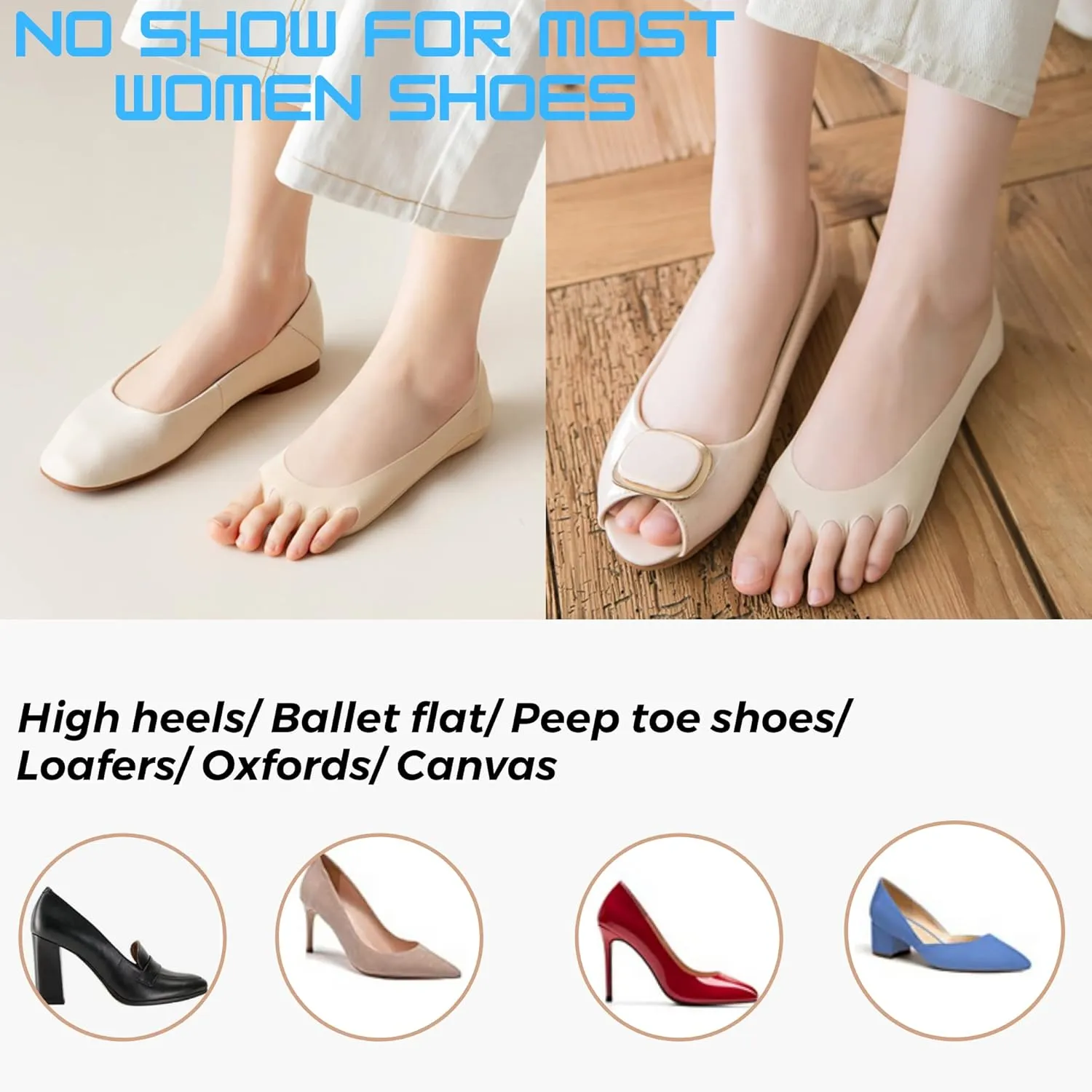 Flammi 3/6 Pairs Women Peep Toe Liner Socks No Show with Nonslip Heel Grip