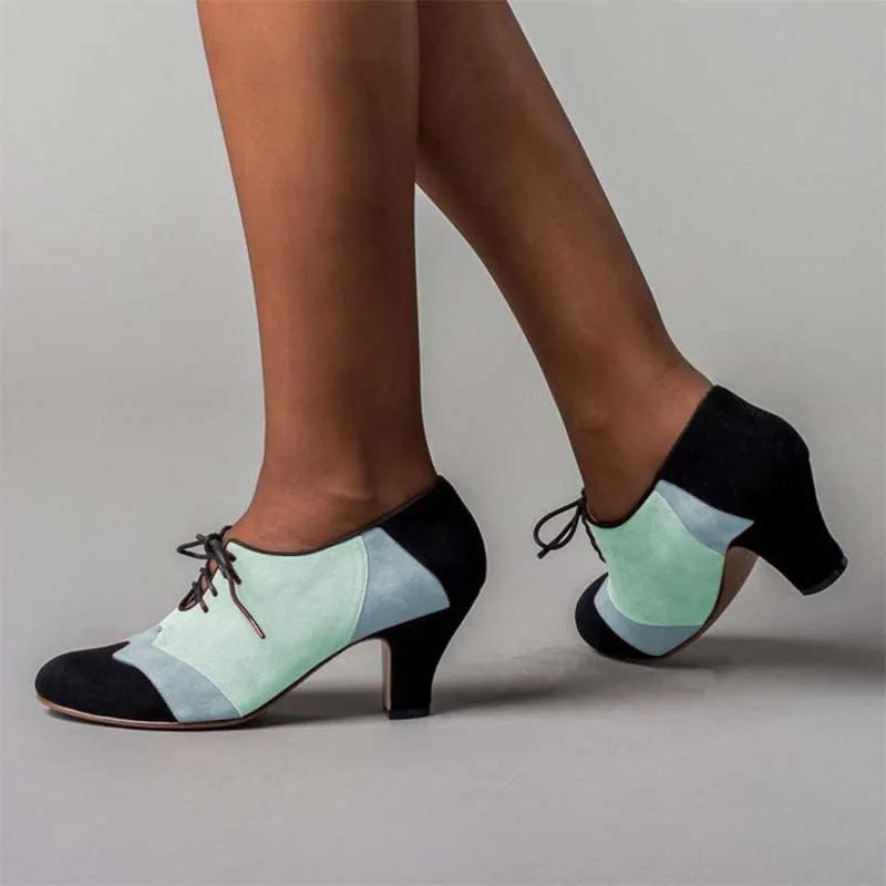 FOWT Women Patchwork Round Closed Toe Oxford Loafers Wingtip Self Tie Mid Heel Pumps School Dress Party Daily Office Shoes Size 4-15 US
