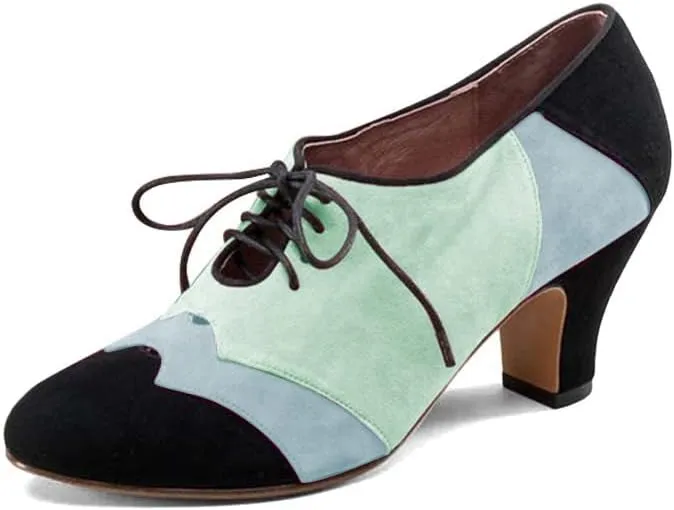 FOWT Women Patchwork Round Closed Toe Oxford Loafers Wingtip Self Tie Mid Heel Pumps School Dress Party Daily Office Shoes Size 4-15 US
