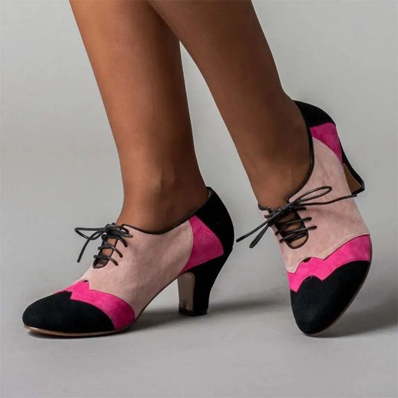 FOWT Women Patchwork Round Closed Toe Oxford Loafers Wingtip Self Tie Mid Heel Pumps School Dress Party Daily Office Shoes Size 4-15 US