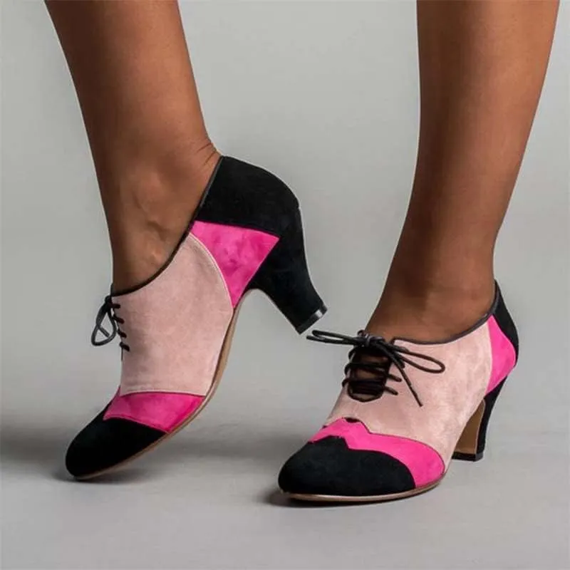 FOWT Women Patchwork Round Closed Toe Oxford Loafers Wingtip Self Tie Mid Heel Pumps School Dress Party Daily Office Shoes Size 4-15 US
