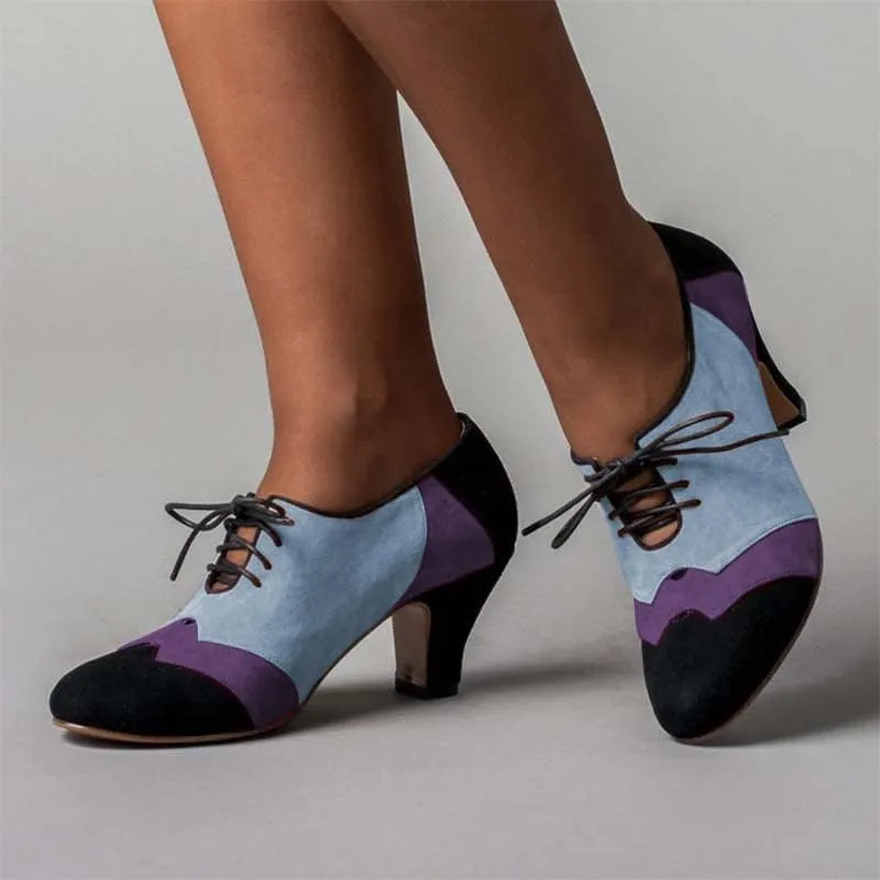 FOWT Women Patchwork Round Closed Toe Oxford Loafers Wingtip Self Tie Mid Heel Pumps School Dress Party Daily Office Shoes Size 4-15 US