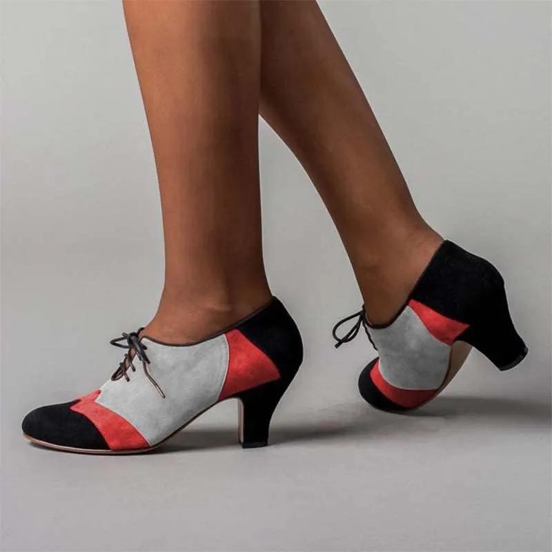 FOWT Women Patchwork Round Closed Toe Oxford Loafers Wingtip Self Tie Mid Heel Pumps School Dress Party Daily Office Shoes Size 4-15 US