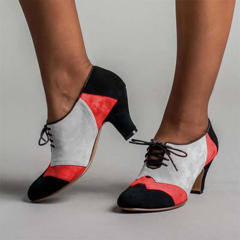 FOWT Women Patchwork Round Closed Toe Oxford Loafers Wingtip Self Tie Mid Heel Pumps School Dress Party Daily Office Shoes Size 4-15 US