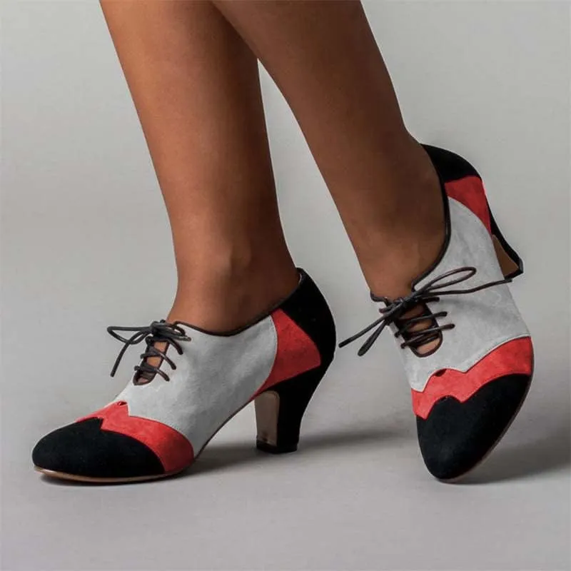 FOWT Women Patchwork Round Closed Toe Oxford Loafers Wingtip Self Tie Mid Heel Pumps School Dress Party Daily Office Shoes Size 4-15 US