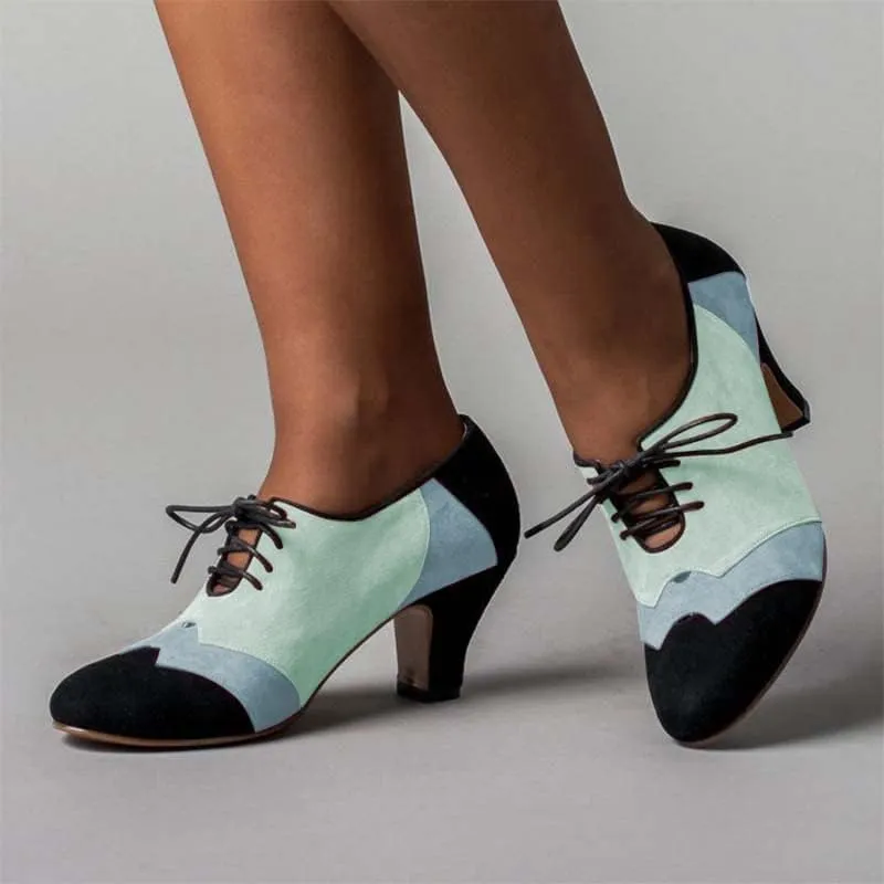 FOWT Women Patchwork Round Closed Toe Oxford Loafers Wingtip Self Tie Mid Heel Pumps School Dress Party Daily Office Shoes Size 4-15 US