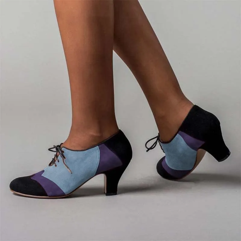FOWT Women Patchwork Round Closed Toe Oxford Loafers Wingtip Self Tie Mid Heel Pumps School Dress Party Daily Office Shoes Size 4-15 US