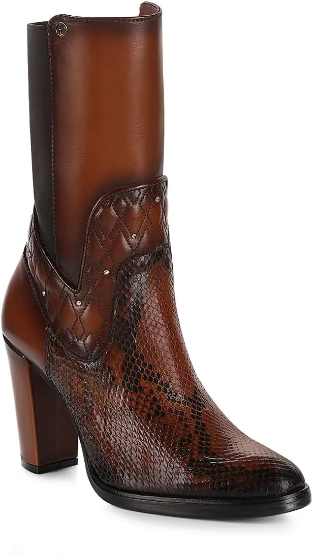 FRANCO CUADRA Women's High Heeled Ankle Boots in Genuine Python Leather with Zipper Brown T43PBRN