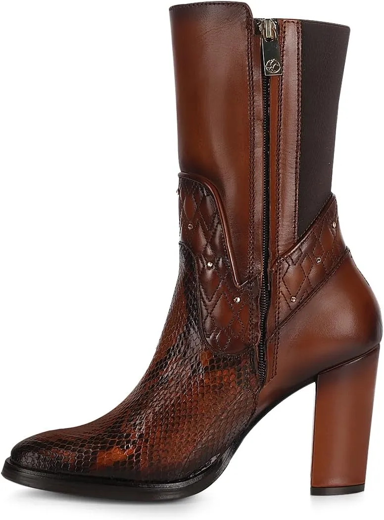 FRANCO CUADRA Women's High Heeled Ankle Boots in Genuine Python Leather with Zipper Brown T43PBRN