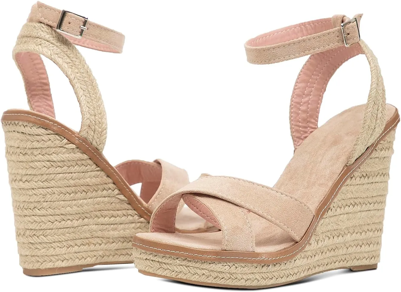 GATUXUS Women's Raffia Espadrilles Wedge Sandals Open Toe Platform Buckled Ankle Strap High Heels Dress Shoes