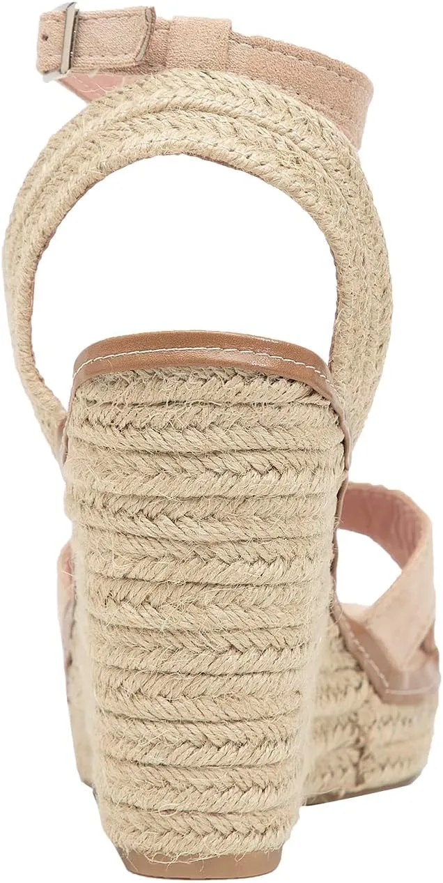GATUXUS Women's Raffia Espadrilles Wedge Sandals Open Toe Platform Buckled Ankle Strap High Heels Dress Shoes