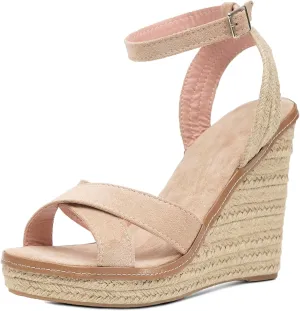 GATUXUS Women's Raffia Espadrilles Wedge Sandals Open Toe Platform Buckled Ankle Strap High Heels Dress Shoes