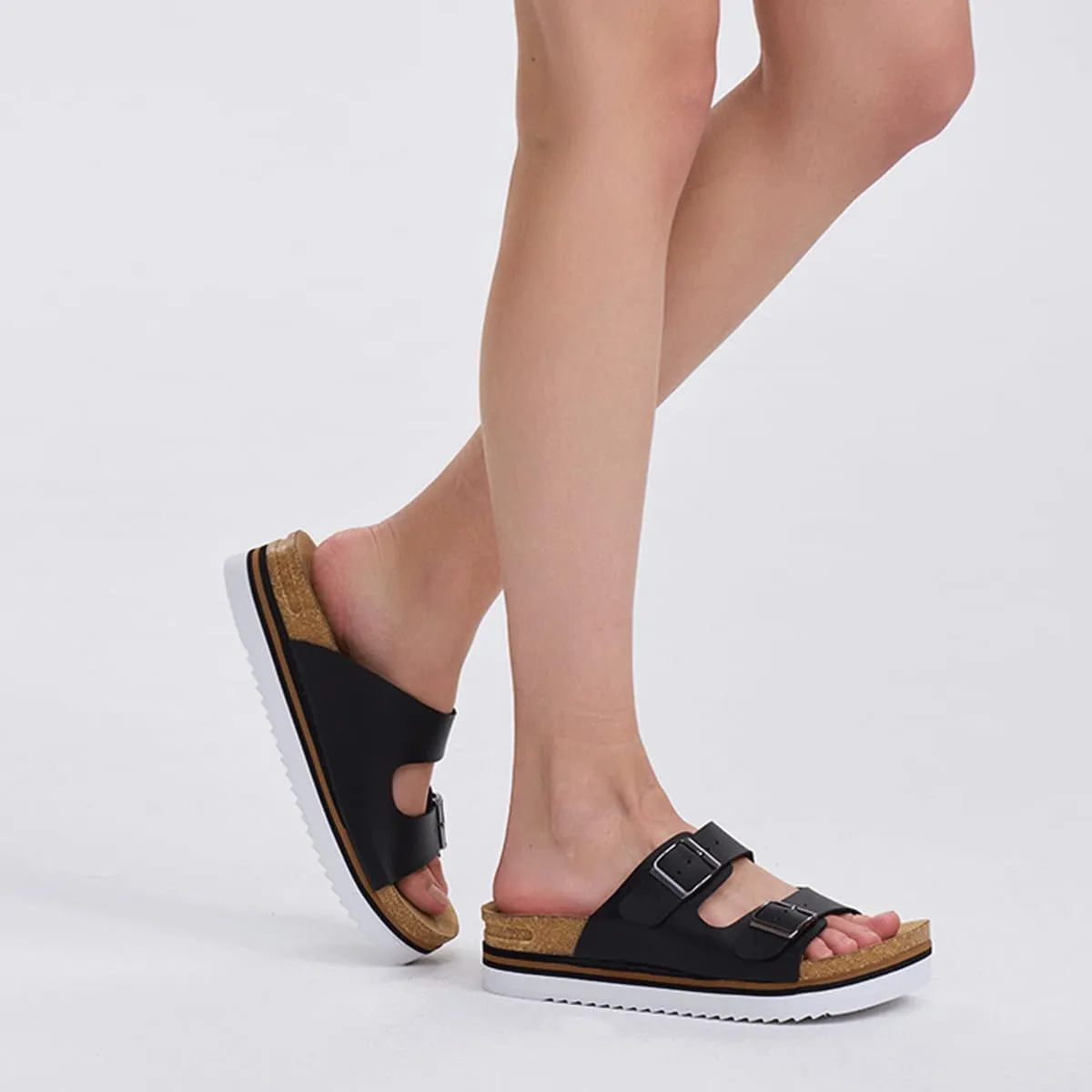 GAWBAW Women's Summer Platform Sandals With Two Straps Comfortable Arch Support Beach Slide Sandals Cork Footbed Flatform Sandals For Women