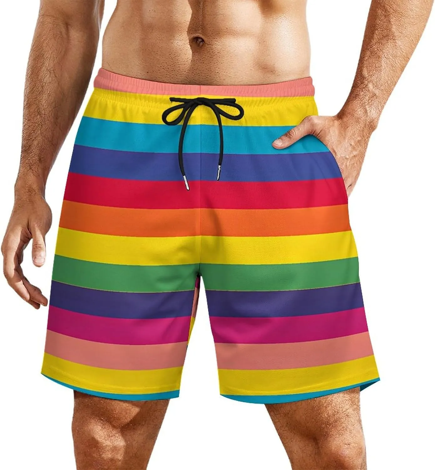 Gay Pride LGBT Rainbow Flag Pattern Men's Swim Trunks Quick Dry Board Shorts Swimwear Beach Shorts with Compression Liner