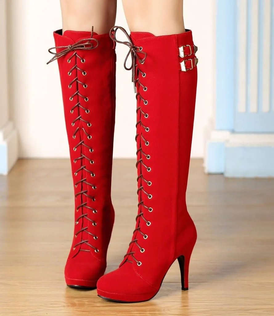 getmorebeauty Womens Knee High Boots Suede Buckle Rock Lace Up Zipped Thigh High Heel Boots