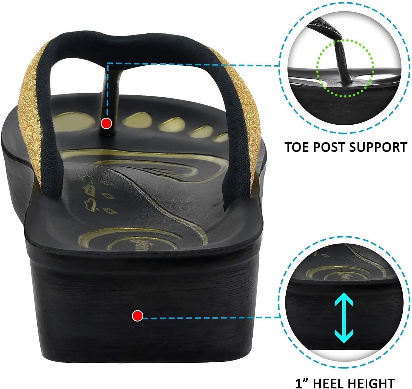 Glitter Orthotic Support Comfortable Flip Flops Sandals for Women (US 5, Glitter Gold)
