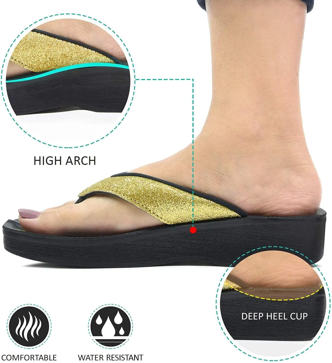Glitter Orthotic Support Comfortable Flip Flops Sandals for Women (US 5, Glitter Gold)