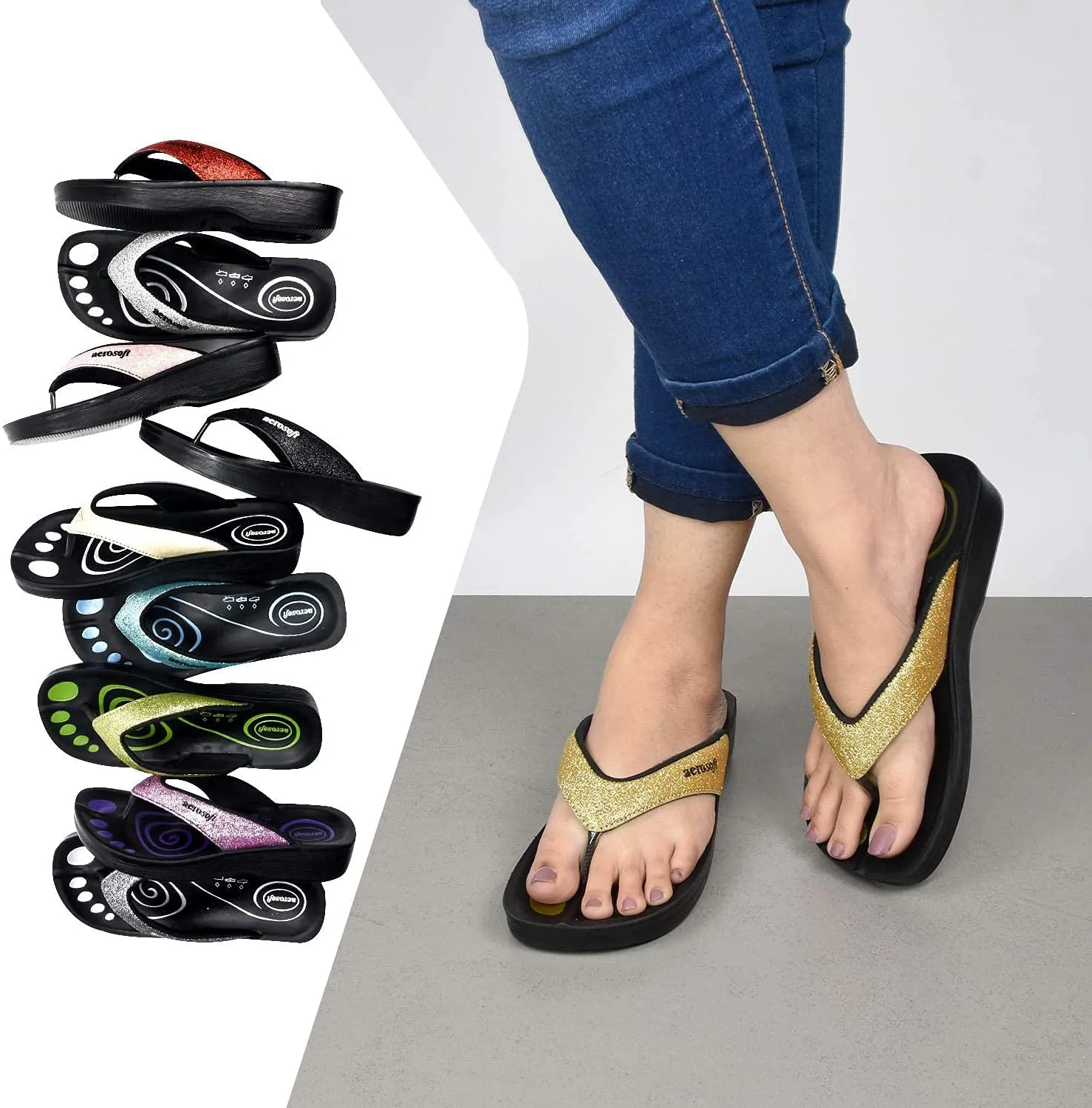 Glitter Orthotic Support Comfortable Flip Flops Sandals for Women (US 5, Glitter Gold)