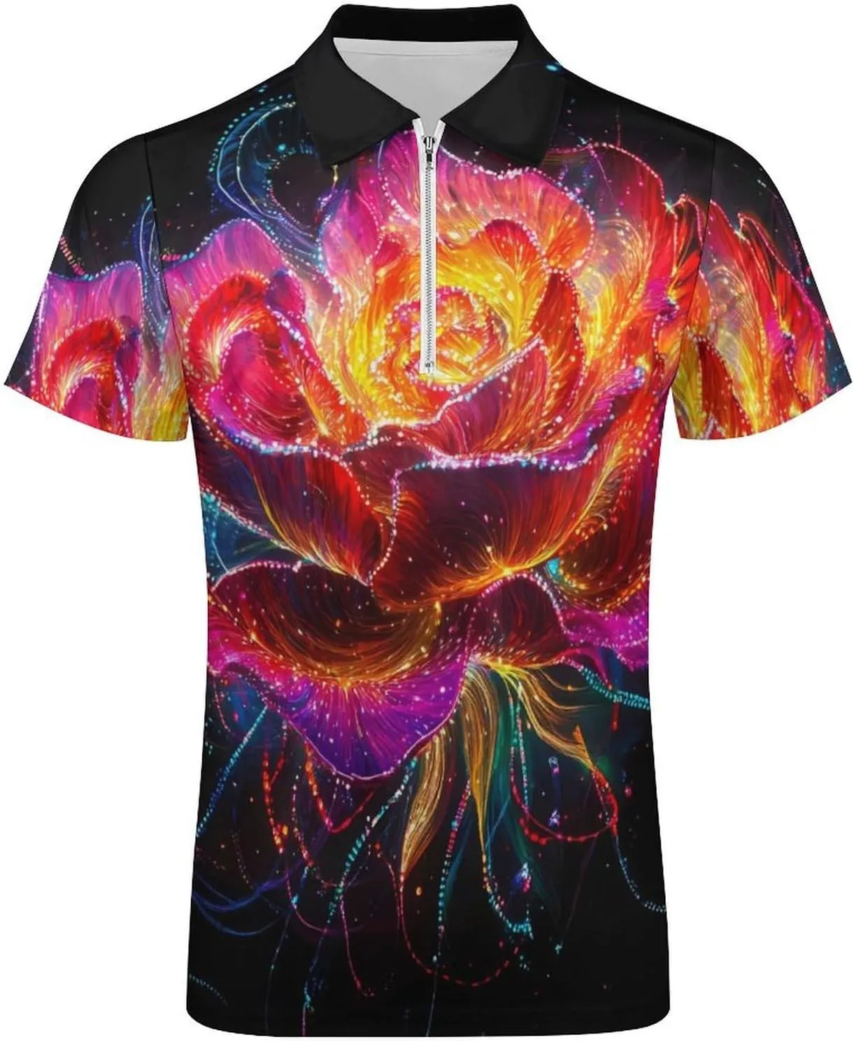 Glowing Flower Petals Short Sleeve Polo Shirt Slim Fit Tops Casual Workout Golf T Shirt Zippered Tees for Men