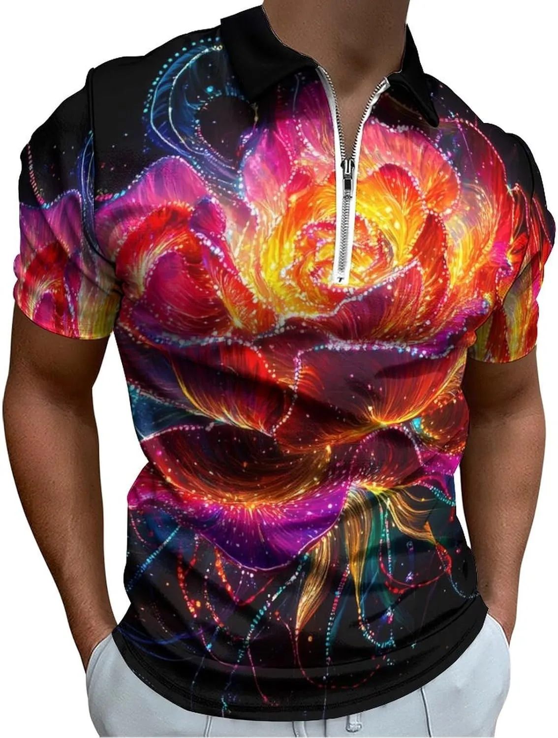 Glowing Flower Petals Short Sleeve Polo Shirt Slim Fit Tops Casual Workout Golf T Shirt Zippered Tees for Men