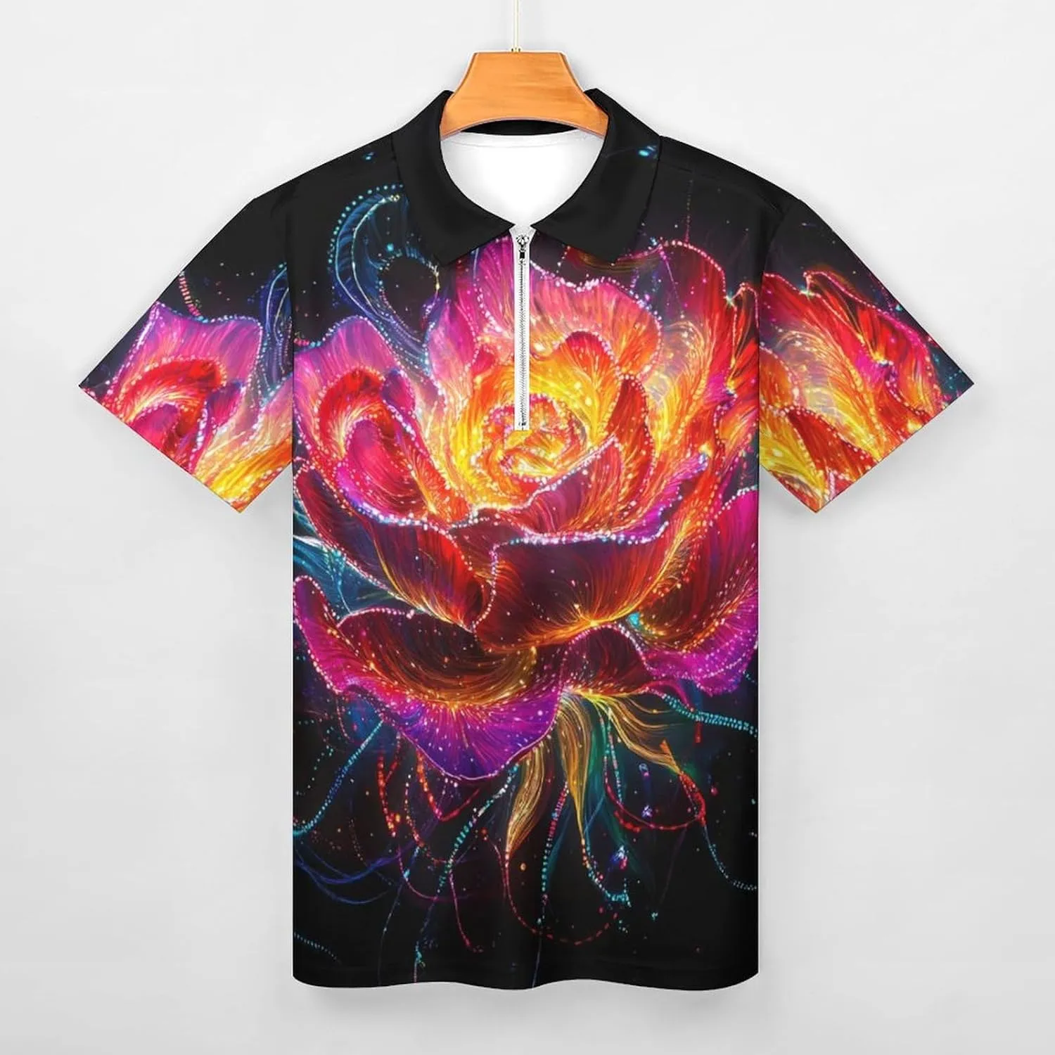 Glowing Flower Petals Short Sleeve Polo Shirt Slim Fit Tops Casual Workout Golf T Shirt Zippered Tees for Men