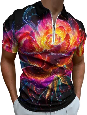Glowing Flower Petals Short Sleeve Polo Shirt Slim Fit Tops Casual Workout Golf T Shirt Zippered Tees for Men