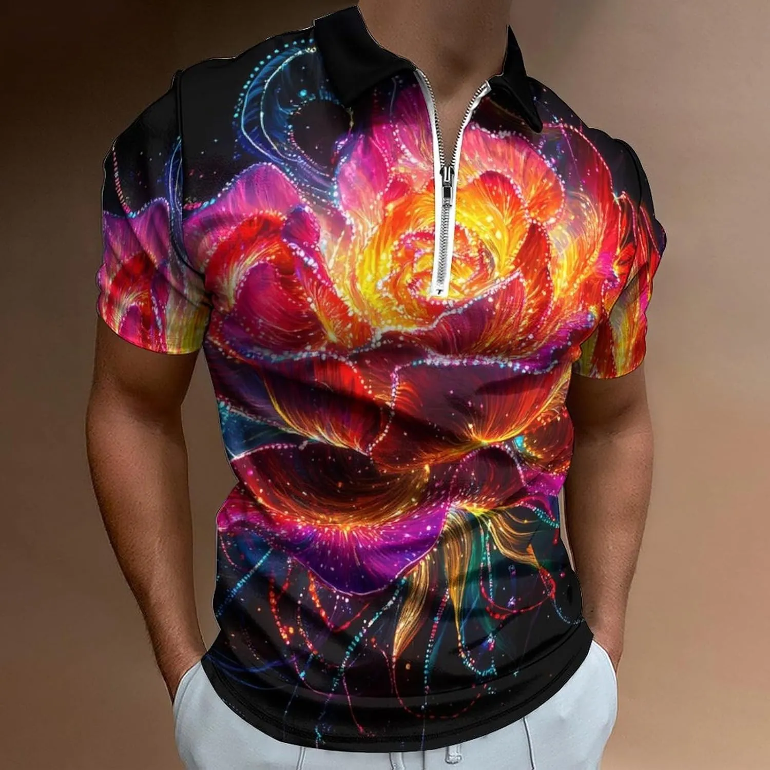 Glowing Flower Petals Short Sleeve Polo Shirt Slim Fit Tops Casual Workout Golf T Shirt Zippered Tees for Men