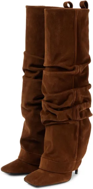 Goolita Fold Over Boots For Women, Square Toe Stiletto Heel Slouchy Knee High Boots Leather Comfortable Slip On Tall Boots