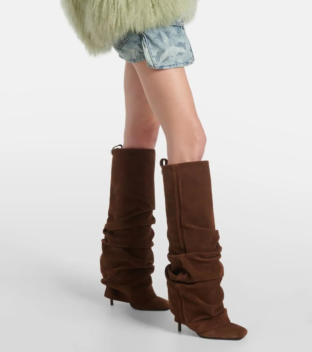 Goolita Fold Over Boots For Women, Square Toe Stiletto Heel Slouchy Knee High Boots Leather Comfortable Slip On Tall Boots