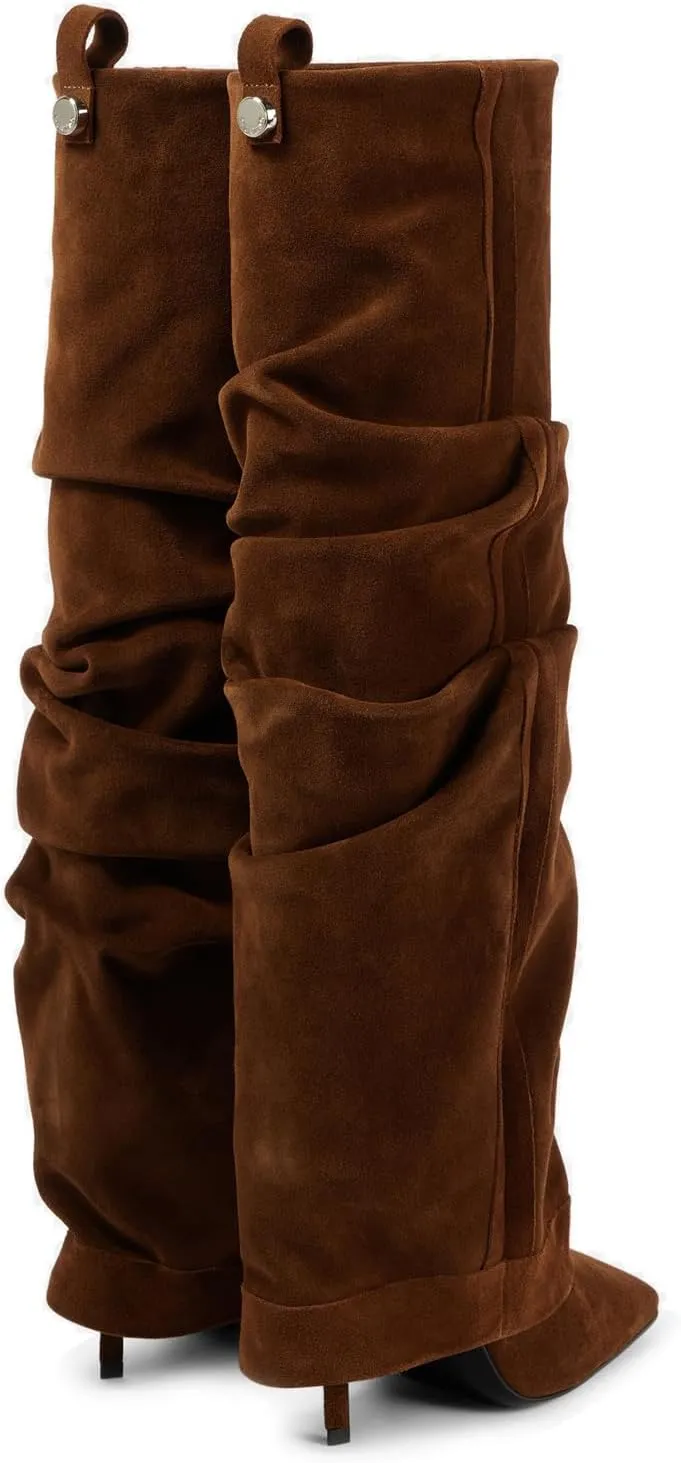 Goolita Fold Over Boots For Women, Square Toe Stiletto Heel Slouchy Knee High Boots Leather Comfortable Slip On Tall Boots