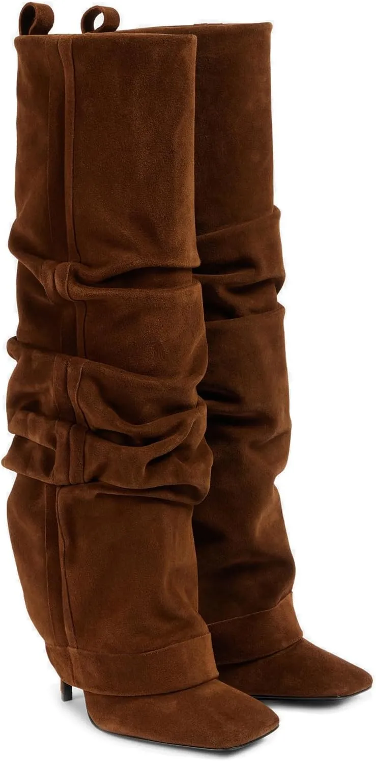 Goolita Fold Over Boots For Women, Square Toe Stiletto Heel Slouchy Knee High Boots Leather Comfortable Slip On Tall Boots