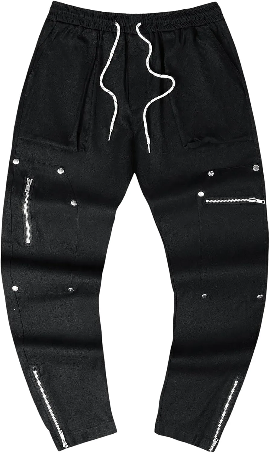 GORGLITTER Men's Stacked Jeans Baggy Sweatpants Zipper Hem Flared Cargo Pants Rivets Trousers with Pockets