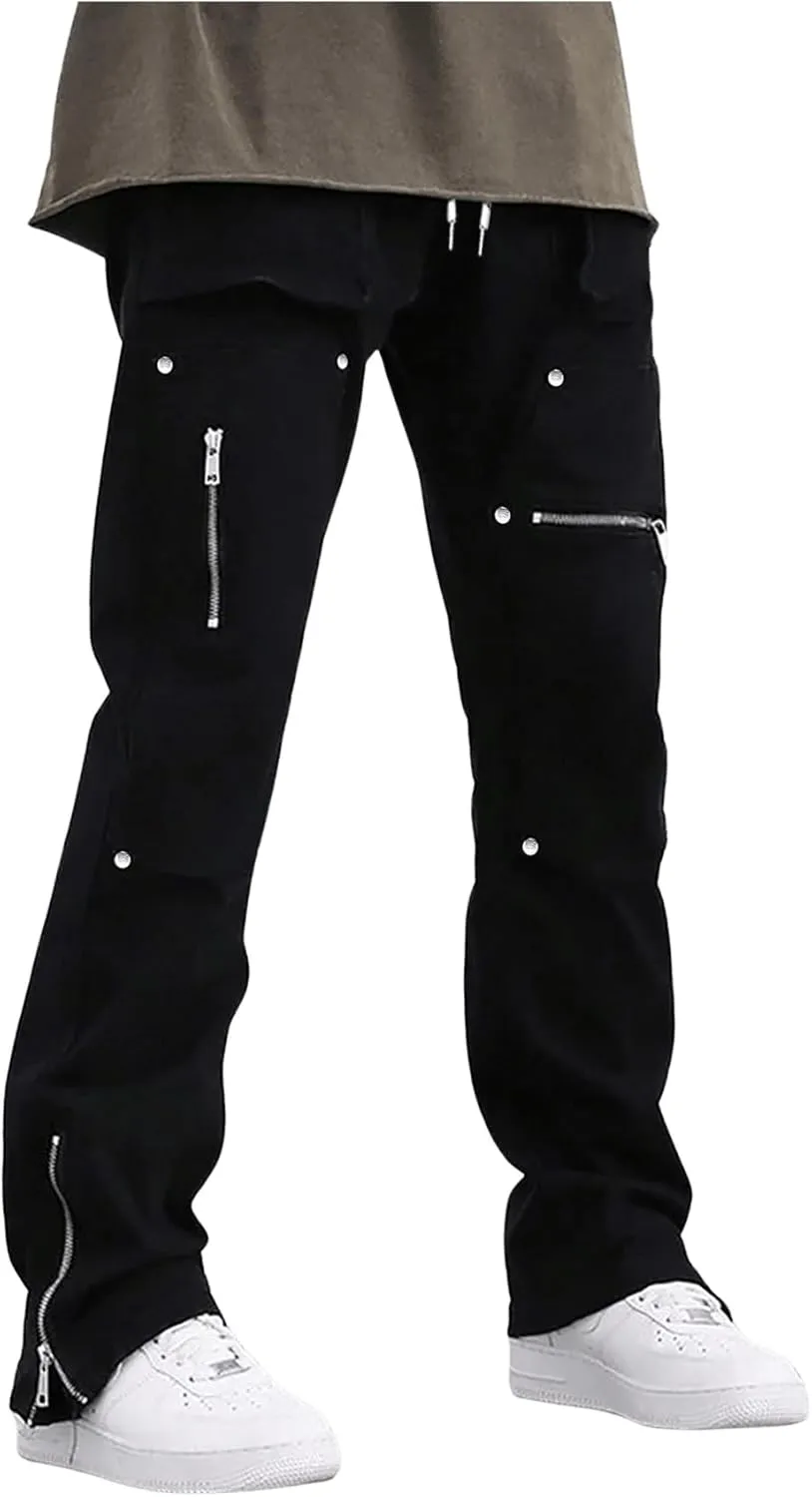 GORGLITTER Men's Stacked Jeans Baggy Sweatpants Zipper Hem Flared Cargo Pants Rivets Trousers with Pockets