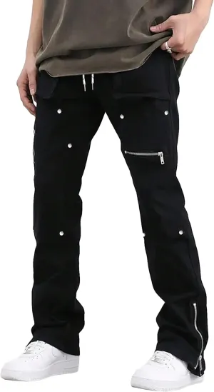 GORGLITTER Men's Stacked Jeans Baggy Sweatpants Zipper Hem Flared Cargo Pants Rivets Trousers with Pockets