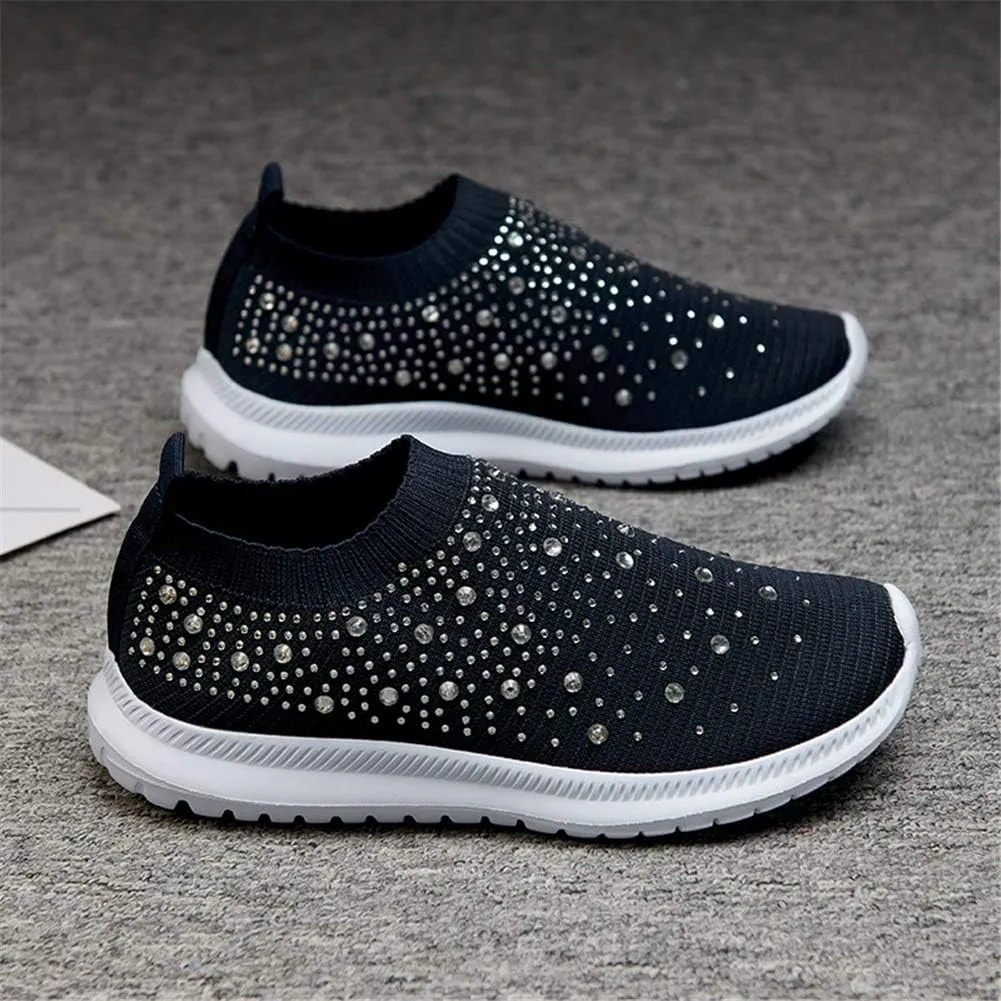 GOSPT Women's Mesh Walking Shoes Rhinestone Glitter Slip On Ballroom Jazz Latin Dance Sock Sneakers
