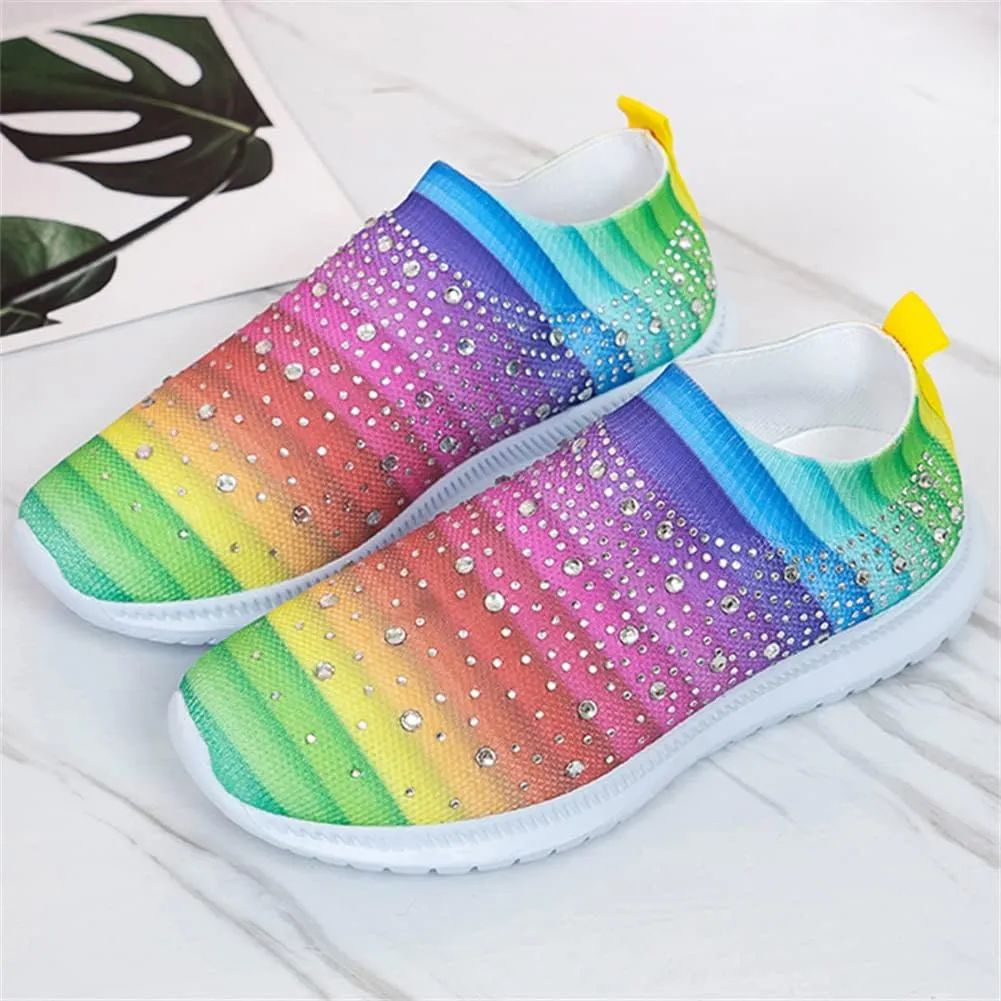 GOSPT Women's Mesh Walking Shoes Rhinestone Glitter Slip On Ballroom Jazz Latin Dance Sock Sneakers