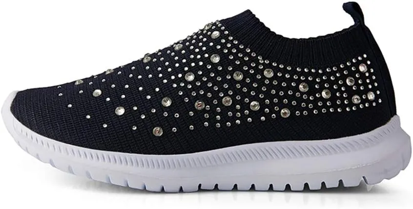GOSPT Women's Mesh Walking Shoes Rhinestone Glitter Slip On Ballroom Jazz Latin Dance Sock Sneakers